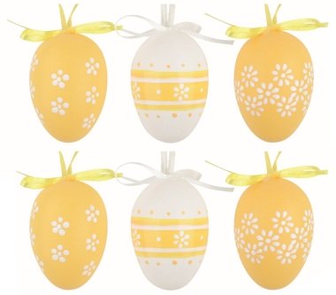 Veľkonočné vajcia plastové Žltá kvietka 6 cm na zavesenie, 6 ks v sáčku