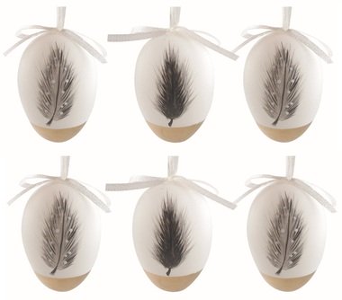 Veľkonočné plastové vajíčka Pírka 6 cm, na zavesenie, 6 ks v sáčku