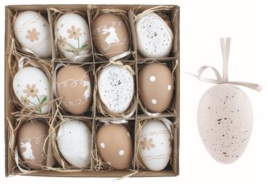 Sada veľkonočných plastových vajec Biela a krémová 6 cm na zavesenie, 12 ks v krabičke